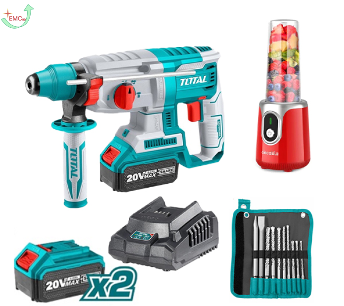 Bộ combo máy xay sinh tố KMJB022R dùng pin, máy khoan động lực TRHLI202287 pin 20V và bộ 8 mũi khoan bê tông TACSD19101