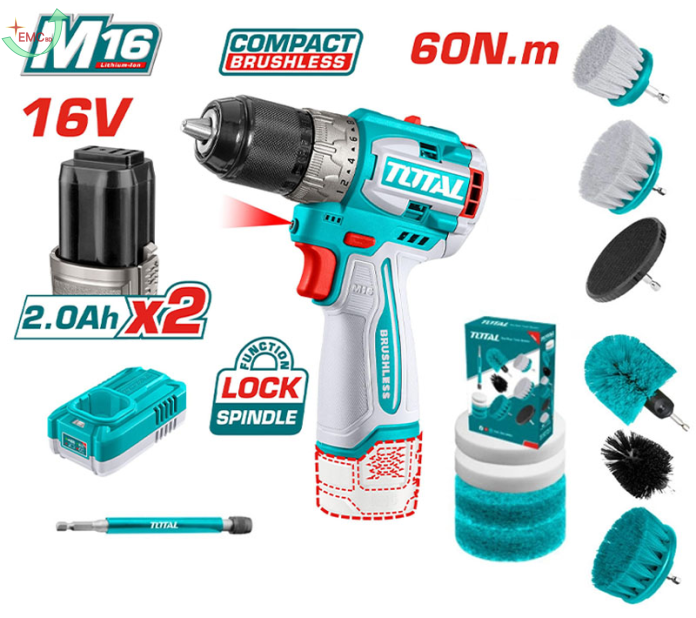  Bộ combo máy khoan TDLI16681 không chổi than dùng pin 16V & 11 bàn  chải TACB1101