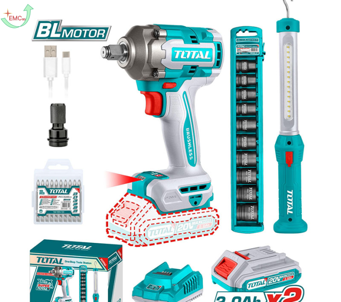 Bộ combo  máy siết  buloong không  chổi than  TIWLI2040 &  dèn làm việc  TWLI35261  dùng pin 20V