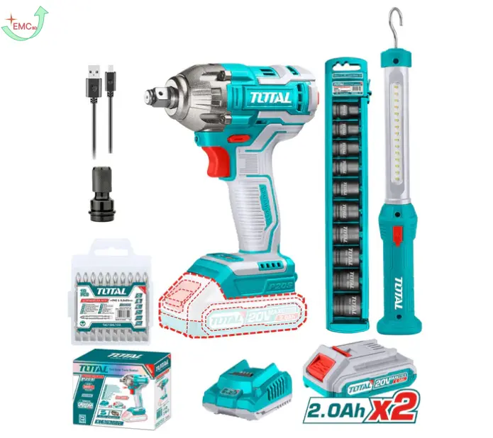 Bộ combo máy siết buloong không chổi than TIWLI2038 & đèn làm việc TWLI35261 dùng pin 20V