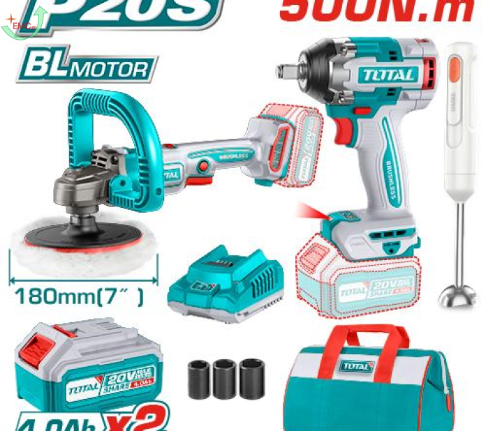 Bộ combo máy siết buloong TIWLI2050 & máy đánh bóng TAPLI2018 không chổi than dùng pin 20V & máy xay cầm tay TJB037T dùng pin