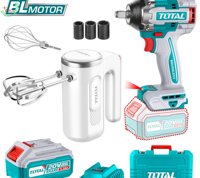  Bộ combo máy siết buloong TIWLI2050 không chổi than dùng pin 20V & máy trộn cầm tay TMK021T